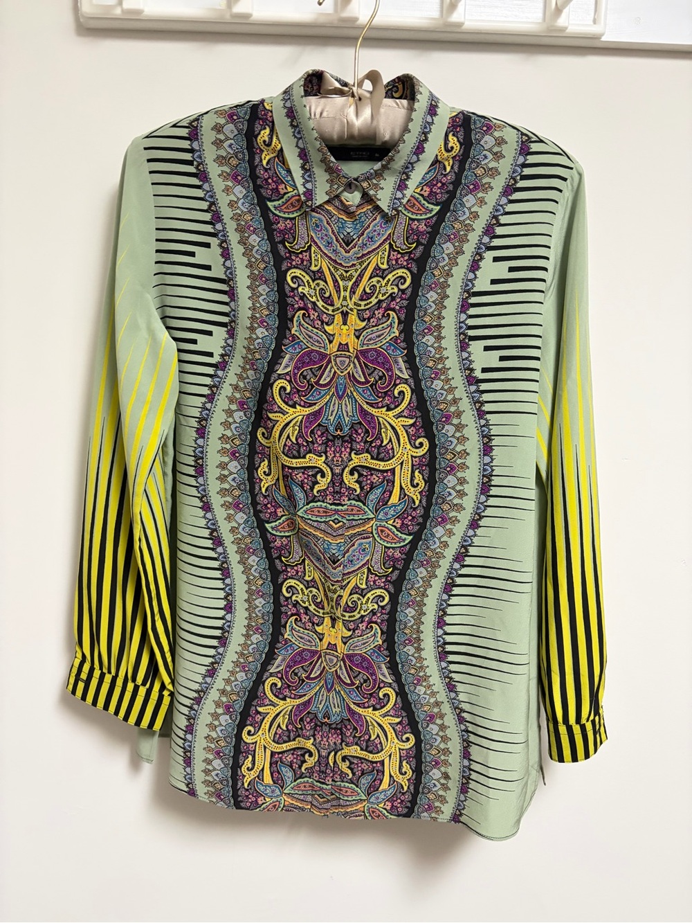 Etro Y2K Silk Paisley Blouse Sage Green Sunburst Stripe Shirt IT 46
